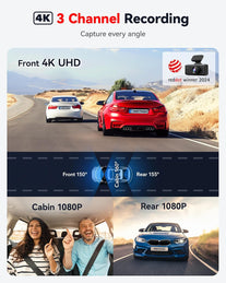 REDTIGER 4K 3 Channel Dash Cam 5G Wifi Built-In GPS with 64GB Card, 2160P+1080P+1080P Front and Rear inside Loop Recording, Triple Car Camera with 3 Inch Screen, IR Night Vision, WDR, Parking Mode