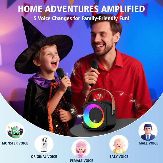 Portable Karaoke Machine with 2 Wireless Microphones, Bluetooth Speaker, Colorful LED Lights, 5 Voice Effects, Black, Perfect for Kids & Adults, Home Party