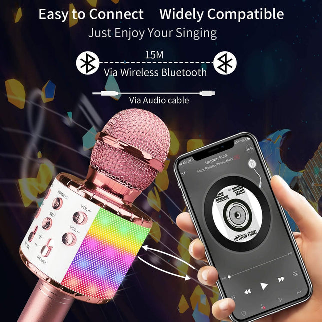 Wireless Bluetooth Karaoke Microphone with Controllable LED Lights, Xkey 4 in 1 Portable Karaoke Machine Speaker for Android/Iphone/Pc, Best Gifts Toys for Girls & Boys (Rose Gold)