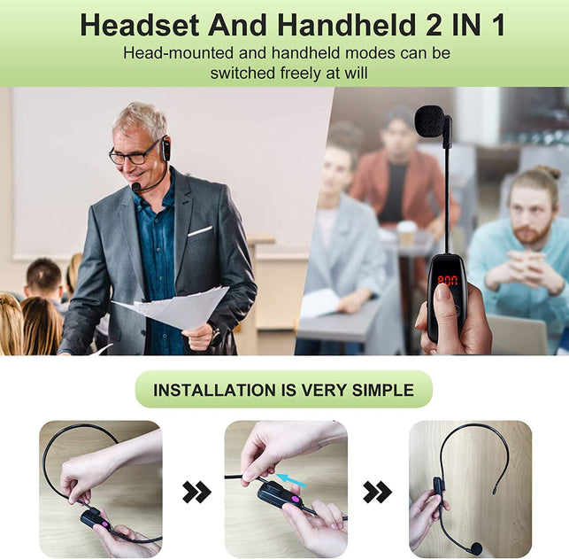 Wireless Microphone Headset Speaker System: UHF Fitness Head Mic - Professional Voice Amplifier Headsets Microphones for Speaking - with LED Digital Display - for Teaching Tour Guide Instructor