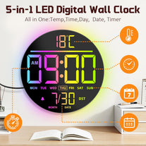 10 Inch(25Cm) Digital Wall Clock with Temperature & Date, Large LED Digits, Auto DST, RGB Display, Seconds, Auto Dimming, Alarm & Countdown for Gym, Bedroom & Office