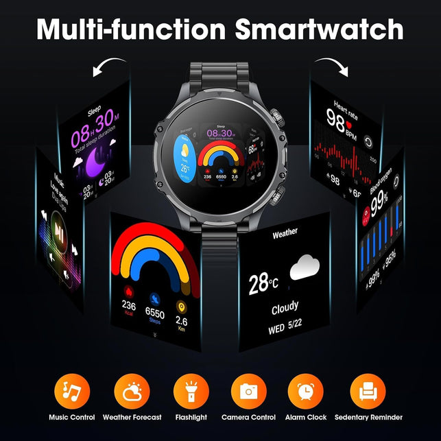 Military Smart Watch for Men, 1.85'' HD Large Screen Smartwatch, Flashlight/5Atm Waterproof/800Mah/100+ Sports Fitness Tracker Watch, Pedometer Mens Smart for Android Iphone Compatible AK75 Silver