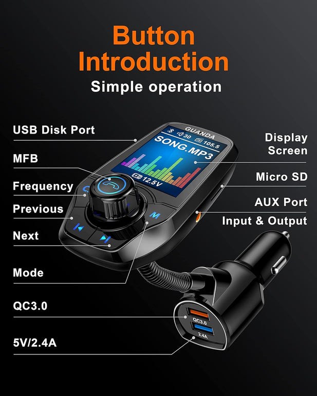 Upgraded Bluetooth FM Transmitter for Car, Wireless Radio Adapter Kit W 1.8" Color Display Hands-Free Call AUX In/Out SD/TF Card USB Charger QC3.0 for All Smartphones Audio Players - Black