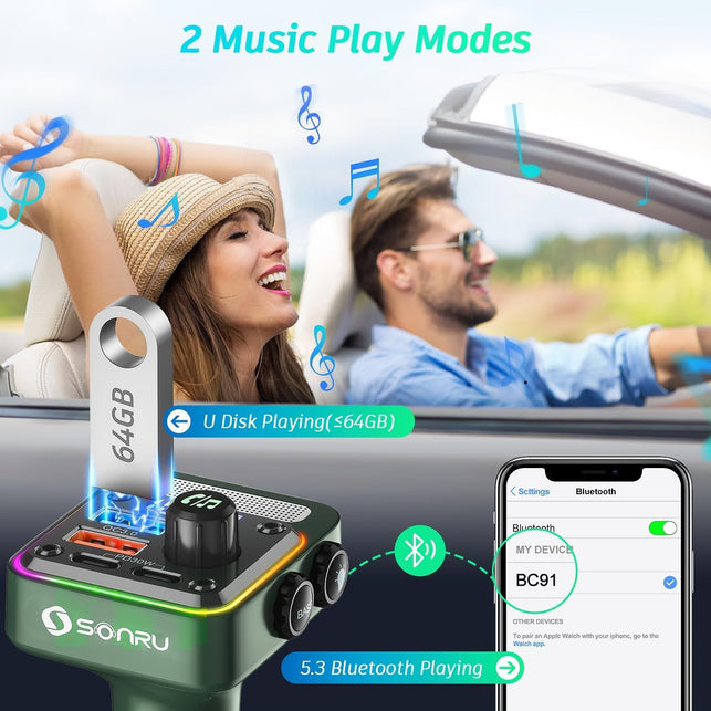 Bluetooth 5.3 FM Transmitter Car Adapter - SONRU Car Charger 54W [PD 36W & QC3.0 18W], Wireless FM Radio Transmitter [Hifi Treble & Bass Player], 5 Colors LED Backlit, Hands-Free Calling, U-Disk