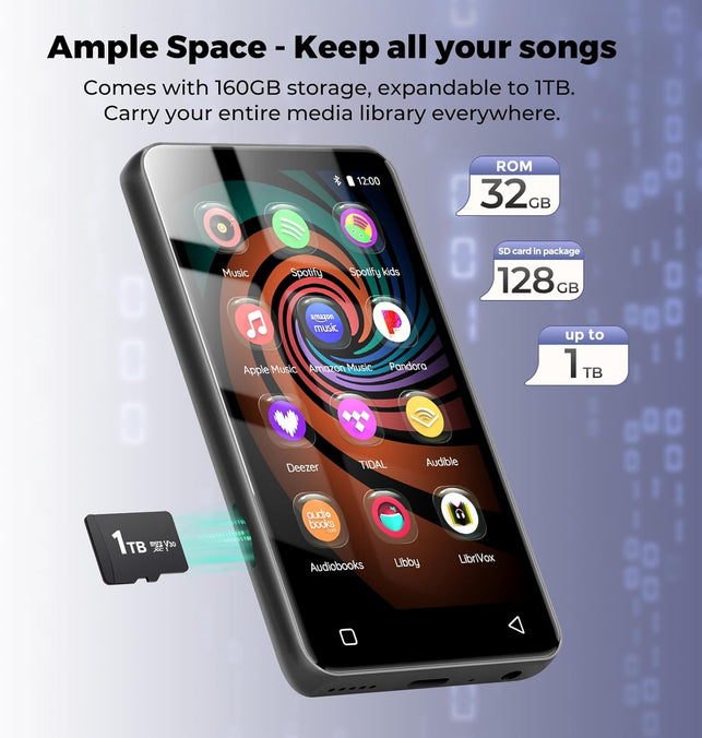 Innioasis 160GB MP3 Player with Bluetooth and Wifi, Android Music Player with Spotify,Amazon Music,Pandora,App Store, 4" Full Touch Screen MP3 Player with Audible,Libby,Hoopla (Black)