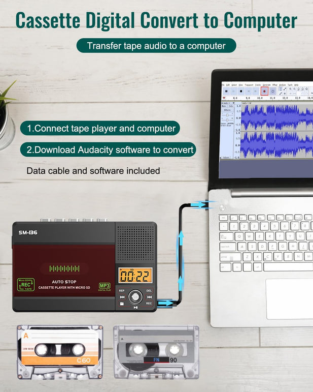 Small Cassette Tape Player, USB C or SD Card Audio Cassette to MP3 Dig ...