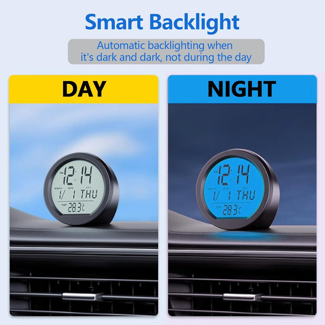 Car Dashboard Clock with Automatic Backlight at Night, Fahrenheit Temperature, 12/24 Hour Format Time, Calendar for Car Truck Office Home and Outdoor Camping (Includes Battery)