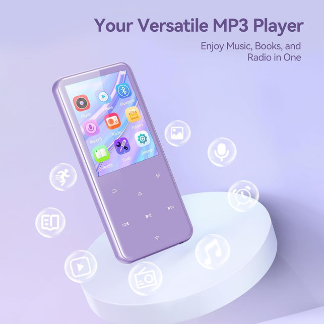 AGPTEK 64GB MP3 Player with Bluetooth, M3 2.4 Inch Music Player with Speaker and FM Radio, Touch Buttons, Supports up to 128Gb(Purple)