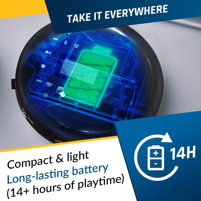 KLIM Discover - Portable CD Player with Long-Lasting Battery - New - with Headphones - Radio FM - Compatible MP3 CD Player Portable - SD Card, FM Transmitter, Bluetooth - Ideal for Cars