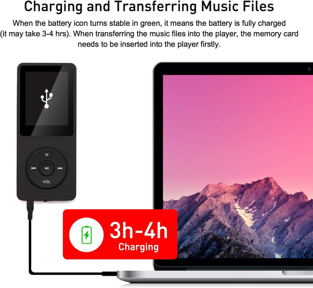 Arungo MP3 Player 32GB with Speaker FM Radio Earphone Portable Hifi Lossless Sound MP3 Mini Music Player Voice Recorder E-Book HD Screen 1.8 Inch Black Support up to 128GB