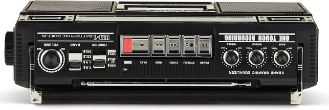 QFX J-220BT Boombox MP3 Conversion from Radio to Cassette with 4-Band (AM, FM, SW1, SW2) Radio with Bluetooth, Rechargeable Battery, Dual 3” Speakers, Built-In Microphone, Recorder, 3-Band Equalizer