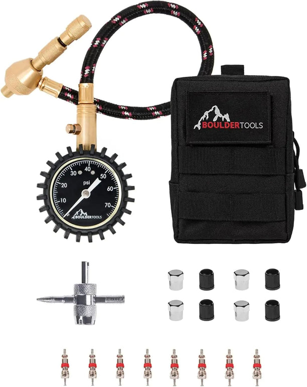 Boulder Tools Heavy Duty Rapid Tire Deflator & Molle Pouch - Precision Release Button Air down Offroad Kit - Glows in Dark, Bonus: Valve Caps, Cores, Repair Tool | Quickly Deflate 4X4 off Road Tires