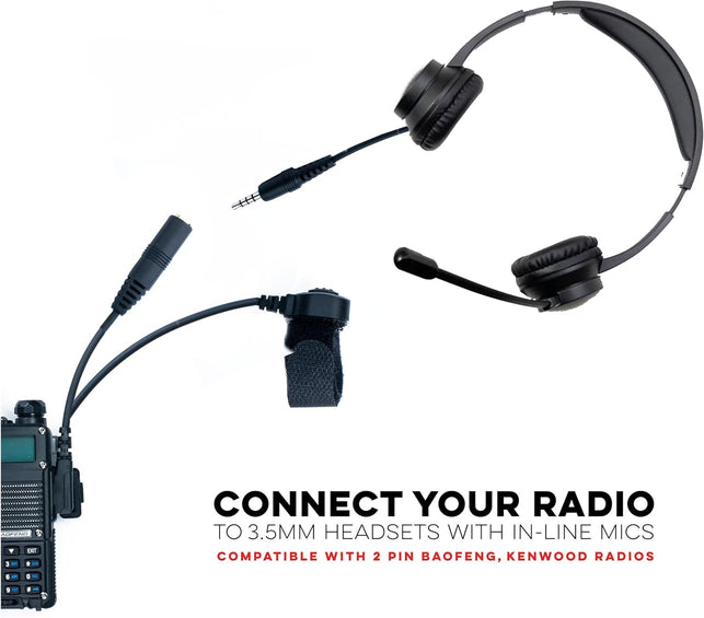 BTECH 2 Pin (K1 Connector) to 3.5MM Adapter with Push-to-Talk Button (Compatible with 2 Pin BaoFeng, Kenwood, BTECH Radios to 3.5mm Headsets with in-l