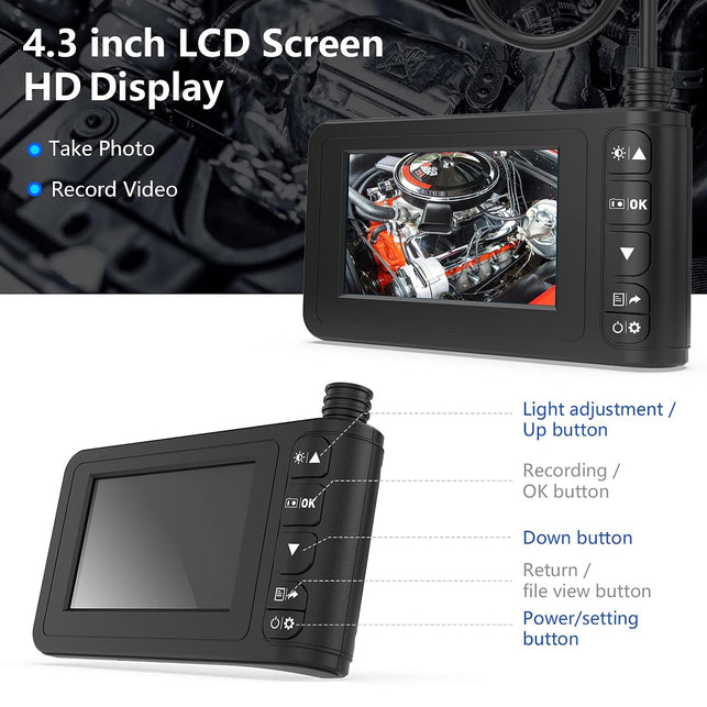 SKYBASIC Industrial Endoscope, 1080P HD Digital Borescope Camera, Waterproof, 4.3 Inch LCD Screen, Semi-Rigid Cable, 32GB TF Card, 6 LED Lights, 16.5FT