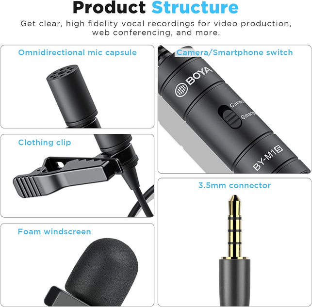 BOYA BY-M1S Professional Lavalier Lapel Microphone Omnidirectional Condenser Mic for Iphone Android Smartphone DSLR Camera, Camcorders, Audio Recorders, PC Laptop Recording