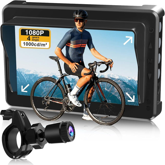 PARKVISION Handlebar Bike Mirror, Bicycle Rear View Camera with Anti-Glare Sunshade, 4.3'' HD 1080P Monitor, 120°/100°/80°/60° Wide Angle View, 10000Mah Battery, Bike Camera for Mountain