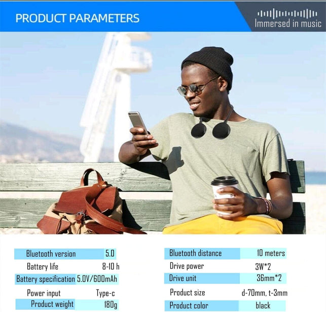 Neckband Bluetooth Speaker - EBS-906, Bluetooth 5.3, Built-In Mic, 10H Playtime, Portable Wireless Wearable Speaker (Black)