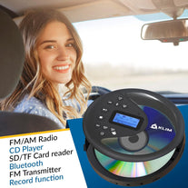 KLIM Discover - Portable CD Player with Long-Lasting Battery - New - with Headphones - Radio FM - Compatible MP3 CD Player Portable - SD Card, FM Transmitter, Bluetooth - Ideal for Cars