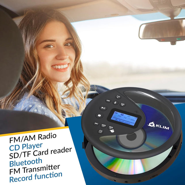 KLIM Discover - Portable CD Player with Long-Lasting Battery - New - with Headphones - Radio FM - Compatible MP3 CD Player Portable - SD Card, FM Transmitter, Bluetooth - Ideal for Cars