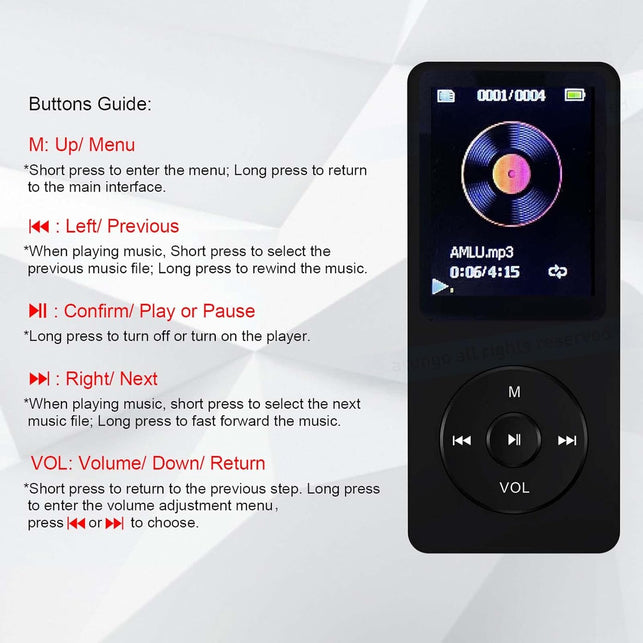 Arungo MP3 Player 32GB with Speaker FM Radio Earphone Portable Hifi Lossless Sound MP3 Mini Music Player Voice Recorder E-Book HD Screen 1.8 Inch Black Support up to 128GB