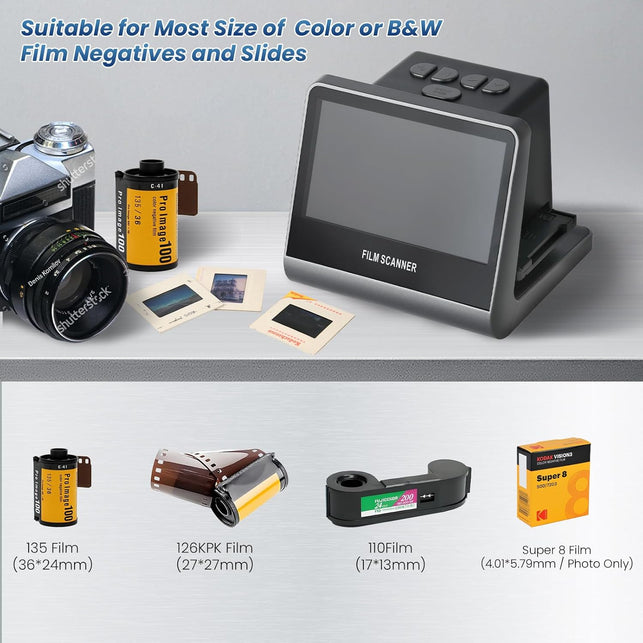 22MP Film and Slide Scanner with 5” LCD Screen, Convert Negatives & Slides 35Mm, 126, 110 Film to High Resolution JPEG Digital Photos (Large)