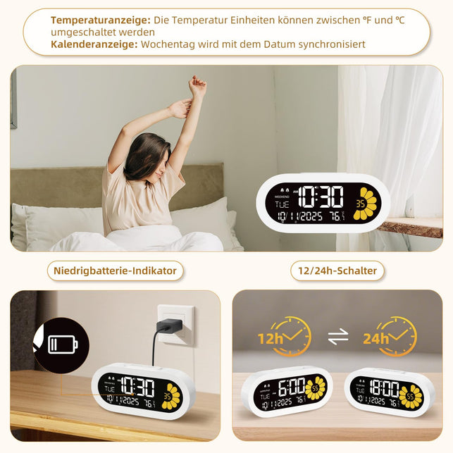 DOOMAY Digital Alarm Clock for Bedroom: Dual Alarm Bedside Clock VA LCD Display with Seconds, 9-Minute Snooze and Weekend Mode, 3 Brightness, 4 Alarms and 3 Volume Levels，Type C & Battery Included