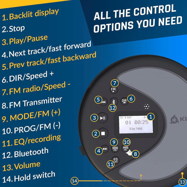 KLIM Discover - Portable CD Player with Long-Lasting Battery - New - with Headphones - Radio FM - Compatible MP3 CD Player Portable - SD Card, FM Transmitter, Bluetooth - Ideal for Cars