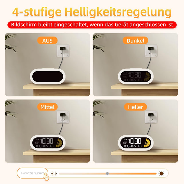 DOOMAY Digital Alarm Clock for Bedroom: Dual Alarm Bedside Clock VA LCD Display with Seconds, 9-Minute Snooze and Weekend Mode, 3 Brightness, 4 Alarms and 3 Volume Levels，Type C & Battery Included