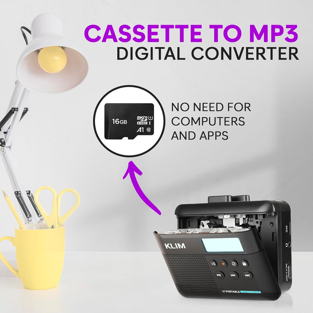 KLIM K7 Cassette Tape Player + Cassette to MP3 Converter + Portable Cassette Player + Walkman Cassette Player + Built-In Microphone & Speaker + Rechargeable Battery + Earphones + 16GB SD Card