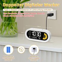 DOOMAY Digital Alarm Clock for Bedroom: Dual Alarm Bedside Clock VA LCD Display with Seconds, 9-Minute Snooze and Weekend Mode, 3 Brightness, 4 Alarms and 3 Volume Levels，Type C & Battery Included