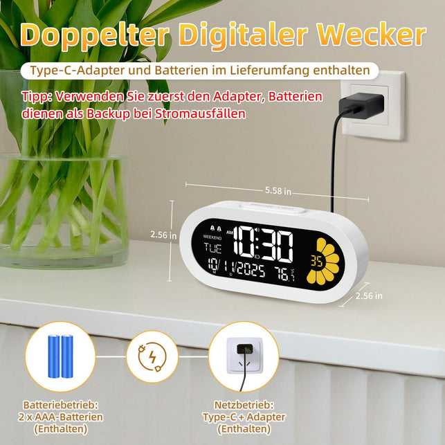 DOOMAY Digital Alarm Clock for Bedroom: Dual Alarm Bedside Clock VA LCD Display with Seconds, 9-Minute Snooze and Weekend Mode, 3 Brightness, 4 Alarms and 3 Volume Levels，Type C & Battery Included