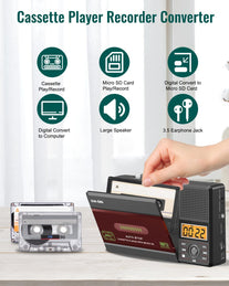 Small Cassette Tape Player, USB C or SD Card Audio Cassette to MP3 Digital Converter, Record to Cassette/Computer/Sd Card via Mic, Loud Speaker, Headphone Jack, 16GB SD Card for Type I Tapes