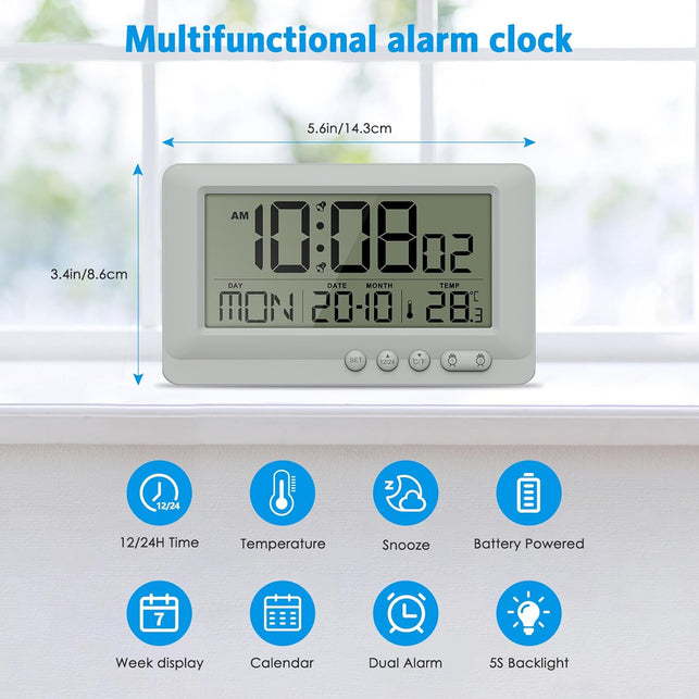 Travel Alarm Clock Battery Operated Digital Alarm Clock for Bedrooms with 2 Alarms, Calender 12/24H 5-Minute Snooze 5-Second Backlight Low Battery Alert -Grey