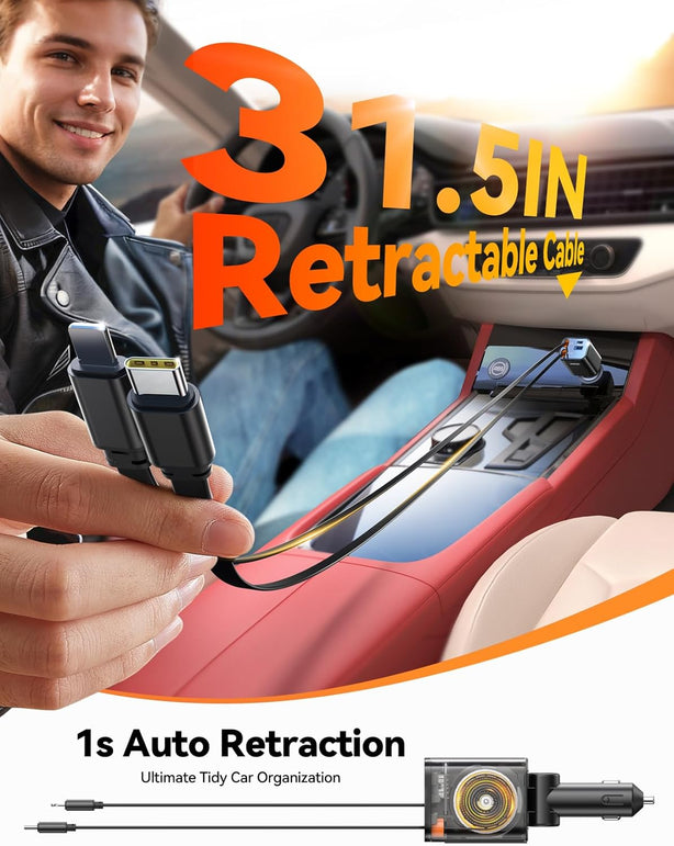 [2026 Ultra-Compact] 84W Retractable Car Charger, [PD 45W] Car Charger USB C for Iphone 16 17 Pro Fast Charging, Car Accessories Travel Essentials Gifts for Women Men for Iphone 17 Air 16 15 14 13 12