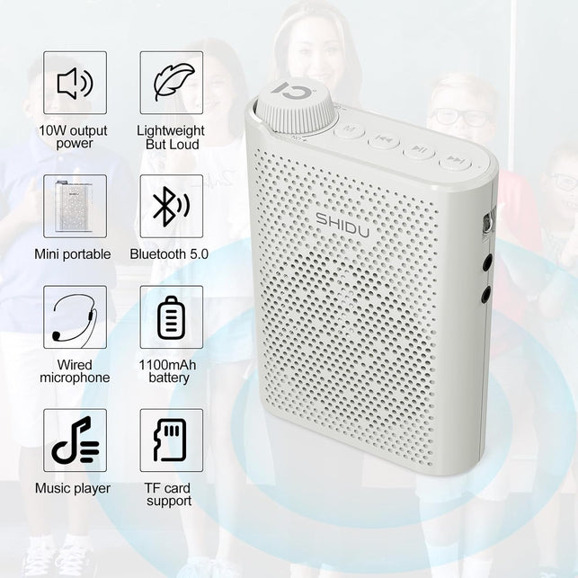 SHIDU Voice Amplifier, Bluetooth Power Voice Amplifier for Teachers Rechargeable Personal Speakers Microphone Headset Support MP3 Format AUX FM for Classroom Tour Guide Training Meeting Speech