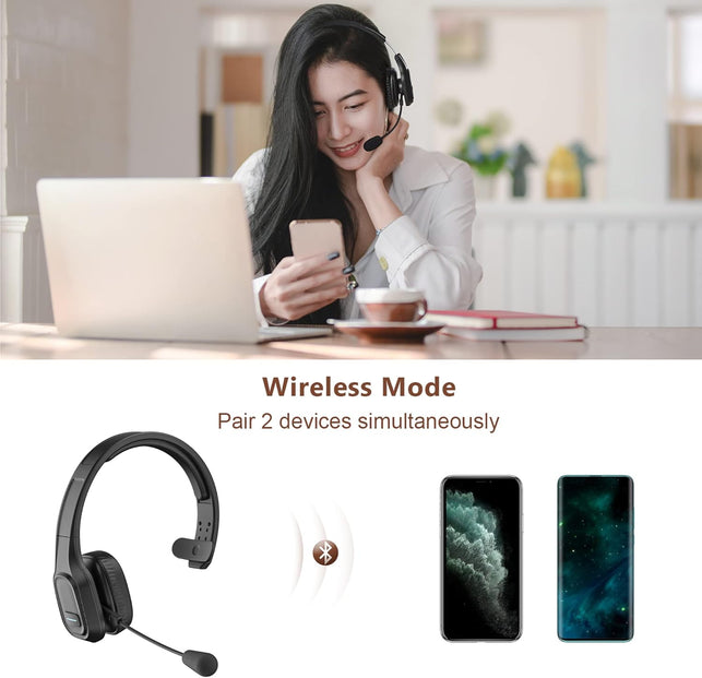 COMEXION Trucker Bluetooth Headset V5.0, Wireless Headset with Noise Canceling&Mute Microphone for Cell Phones, On Ear Bluetooth Headphone with Wireless&Wired Mode for Trucker, Home Office, Skype