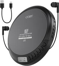 Coby Portable CD Player with Headphones, FM Radio and MP3 Compatible, LCD Display, 60-Second Anti-Skip Protection, Shockproof Design for Easy Travel, Includes Micro USB Cable for Charging