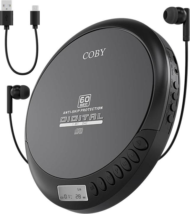Coby Portable CD Player with Headphones, FM Radio and MP3 Compatible, LCD Display, 60-Second Anti-Skip Protection, Shockproof Design for Easy Travel, Includes Micro USB Cable for Charging