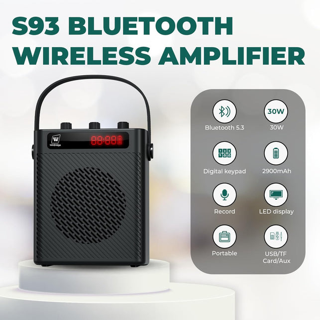 30W Wireless Voice Amplifier with Headset Microphone, Portable Bluetooth 5.3 PA System for Teachers, Personal Rechargeable Megaphone with Speaker for Teaching and Speaking in Classrooms S93