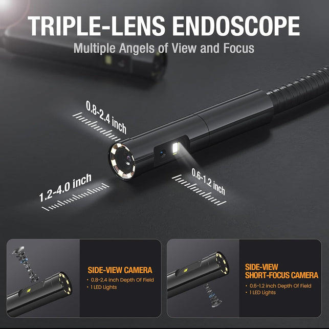 Triple Lens Borescope Inspection Camera, Teslong Professional Endoscope with Light, Digital Video Scope Camera, 5" IPS Screen, Waterproof Flexible Cable for Automotive/Home/Wall/Pipe/Car (16.5FT)