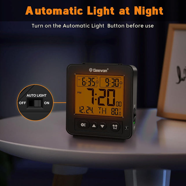 Geevon Smart Night Light Small Digital Alarm Clock with 2 Increasing Beep Alarm, Indoor Temperature, Battery Operated Travel Clock for Bedroom, Bedside, Desk(Black)