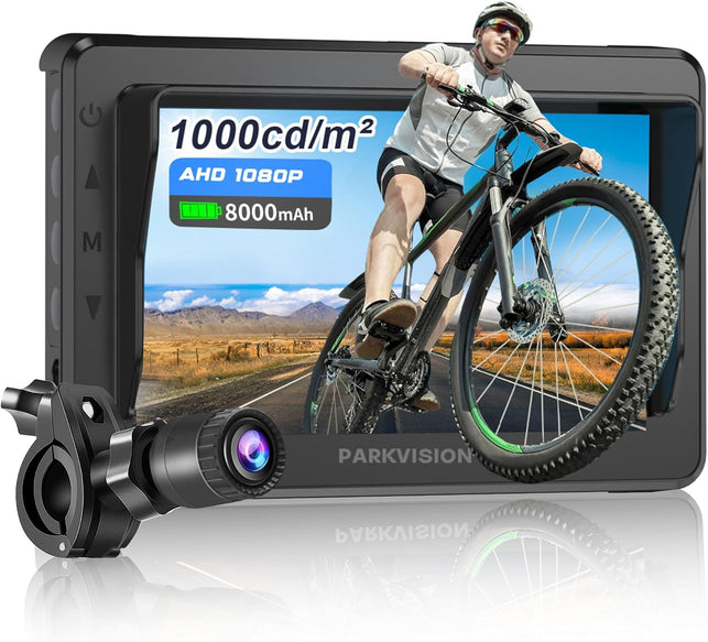 PARKVISION Handlebar Bike Mirror, Bicycle Rear View Camera with Anti-Glare Sunshade, 4.3'' HD 1080P Monitor, 8000Mah Battery, 120° Wide Angle View, Bike Camera for Mountain,Ebike,Road Bike