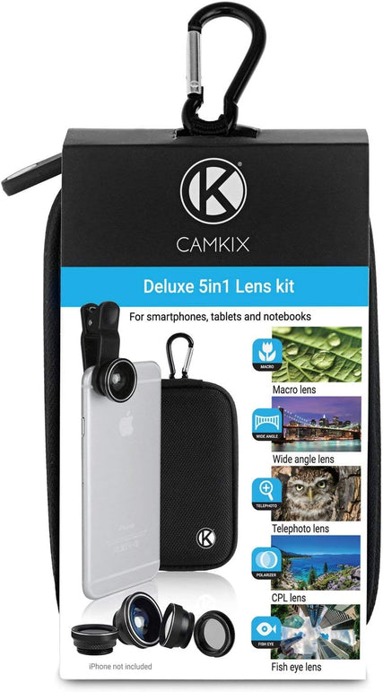 CamKix Deluxe Universal 5in1 Camera Lens Kit for Smartphone, Tablet and Laptop - Fish Eye, 2in1 Macro and Wide Angle, CPL and 2X Tele Lens, Universal