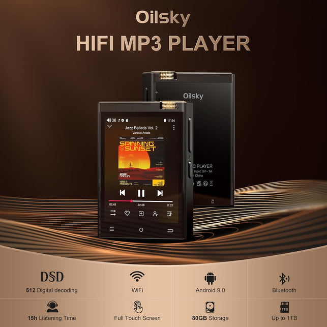 Hifi MP3 Player with Bluetooth and Wifi, Oilsky Lossless DSD High-Resolution Digital Audio Music Player, High-Resolution Portable Audio Player with 64GB Card, Supports up to 1TB Black