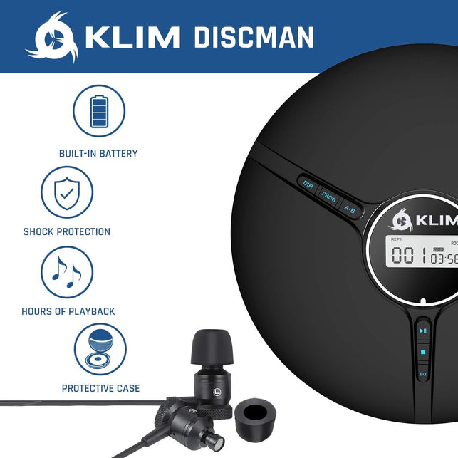 KLIM Discman Portable CD Player with Headphones, Built-In Battery - New - CD Players for Home, Car - Compatible W/Sd Card, CD, CD-R, CD-RW, MP3, WMA - 5 EQ Effects - Walkman CD Player - Black