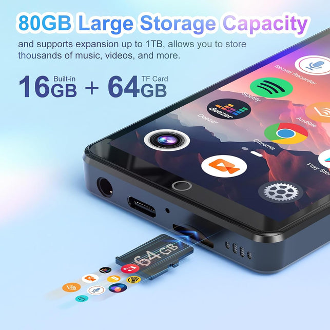 MP3 Player with Bluetooth and Wifi, 80GB MP4 Player with Camera, 4.02" HD Touchscreen Android MP3 Player with Spotify, Audible, Amazon Music, Deezer, Music Player with Speaker, FM Radio, up to 512GB