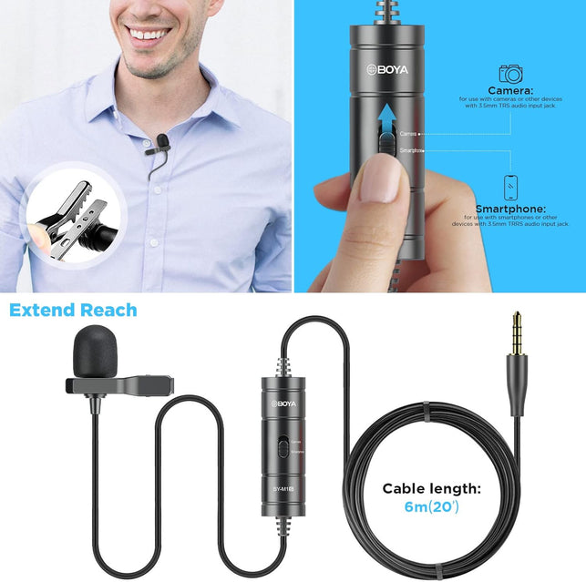 BOYA BY-M1S Professional Lavalier Lapel Microphone Omnidirectional Condenser Mic for Iphone Android Smartphone DSLR Camera, Camcorders, Audio Recorders, PC Laptop Recording