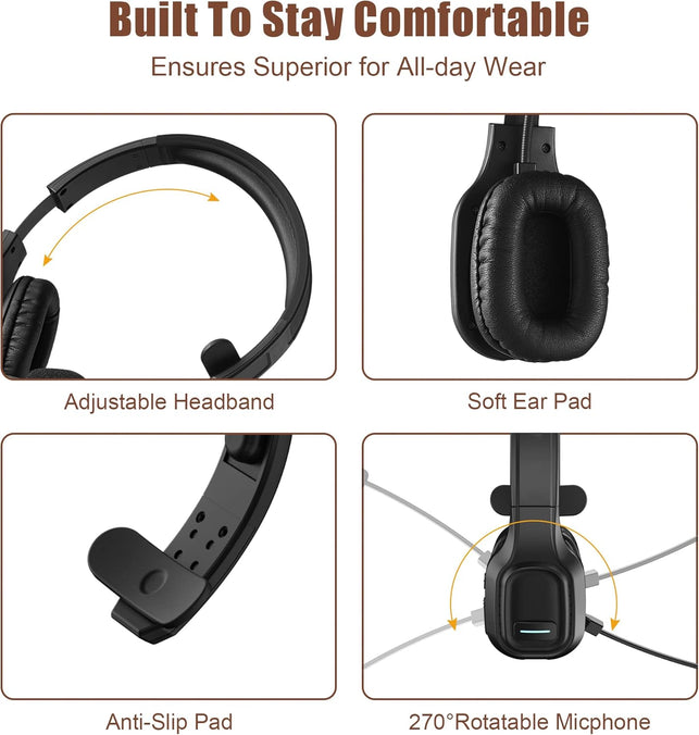 COMEXION Trucker Bluetooth Headset V5.0, Wireless Headset with Noise Canceling&Mute Microphone for Cell Phones, On Ear Bluetooth Headphone with Wireless&Wired Mode for Trucker, Home Office, Skype