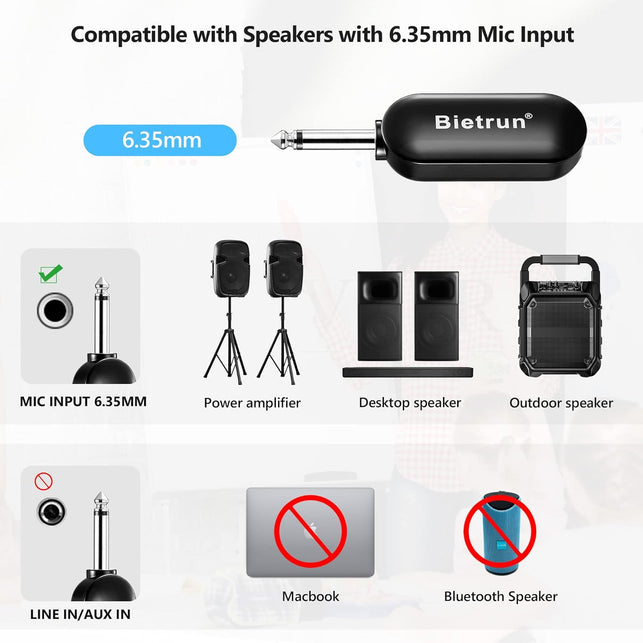 Bietrun Wireless Microphone Headset with 1/4''Plug, 165Ft Range, UHF Wireless Headset Mic & Handheld Mic 2 in 1, for Karaoke Speaker, Amplifier, Speakers, PA System, Teaching, Fitness (Black)