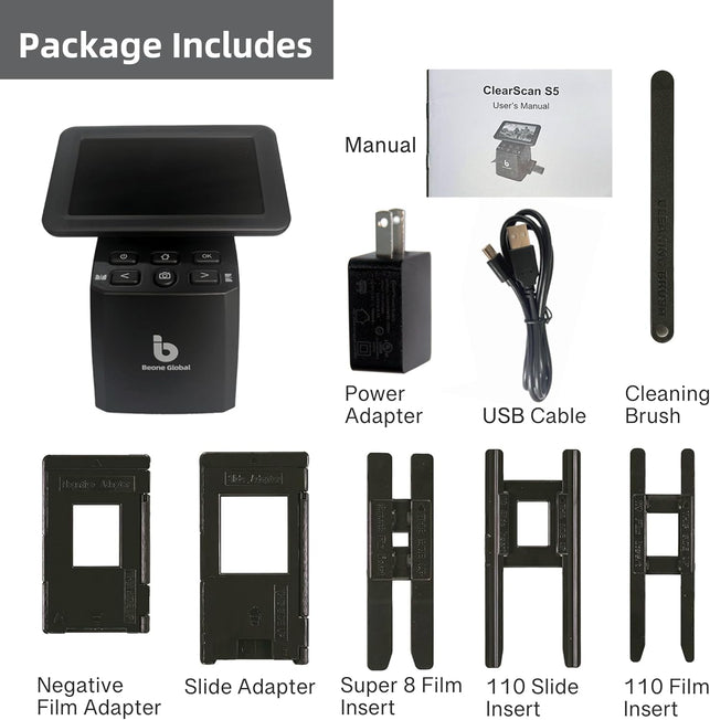 BEONEGLOBAL Clearscan S5 Film Scanner High-Resolution Film&Slide Scanner with 5” LCD – Convert 135, 126, 110 Super8 Negatives and Slides to 24MP Digital JPEG Photos Quickly